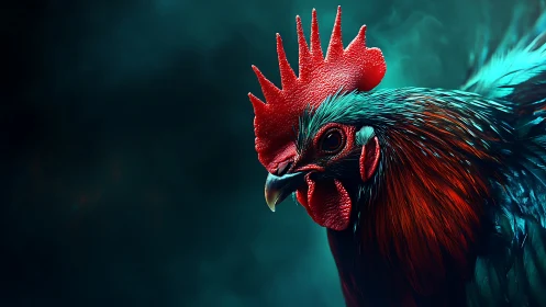 Ornamental Rooster Portrait With Hyperdetailed Vermillion Plumage and Textured Comb Structure