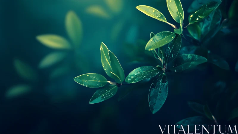 Close-up leaves display surface moisture under soft lighting