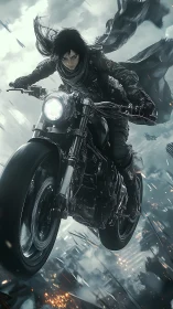 Cyberpunk rider launching motorcycle through storm skyline.