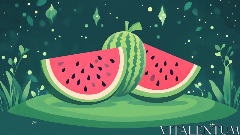 Digital painting of stylized watermelon still life in forest.