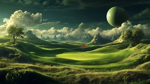 Colossal golf moon drifting above dreamlike emerald fairway.