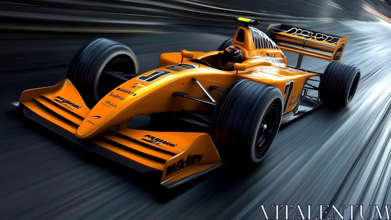 Orange formula race car rockets along blurred speedway.