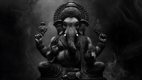 Midnight Ganesha emerges from swirling devotional shadows.