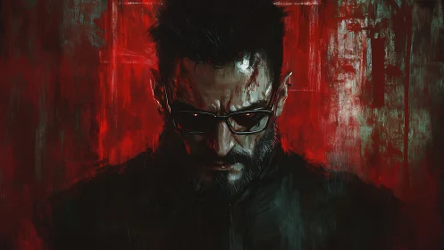 Solitary male figure with glasses against textured red field.