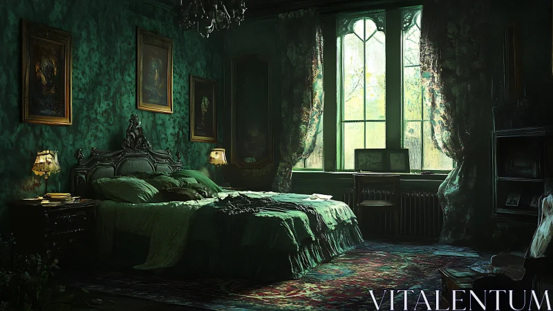 Emerald gothic bedroom where dust, daylight and secrets linger.
