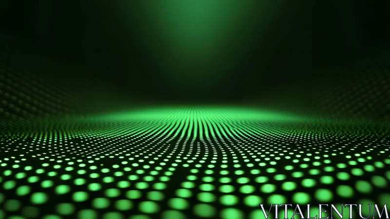 Abstract green glowing dots on dark futuristic digital landscape.