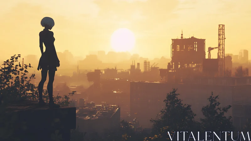 Quiet silhouette watching a dreamy city sunrise glow.