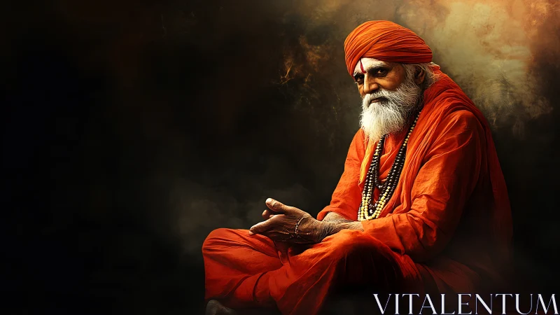 Elderly ascetic in orange robes rendered with dramatic chiaroscuro lighting