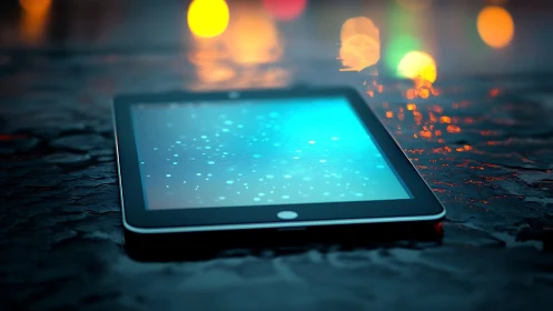 Glowing tablet on wet pavement with urban bokeh lights.