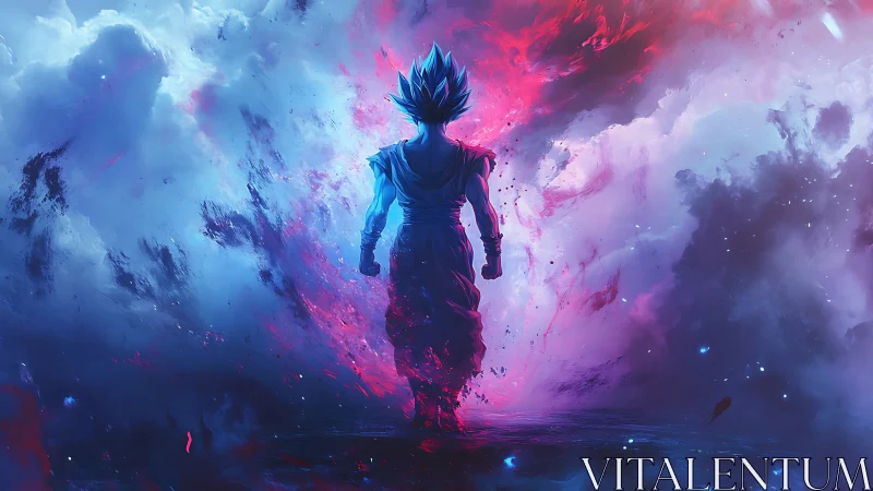 Cosmic warrior strides forward through swirling neon storms