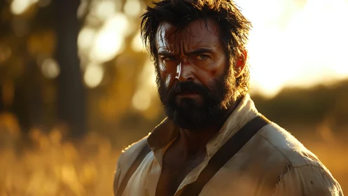 Weathered wanderer glaring through golden wildfire light.