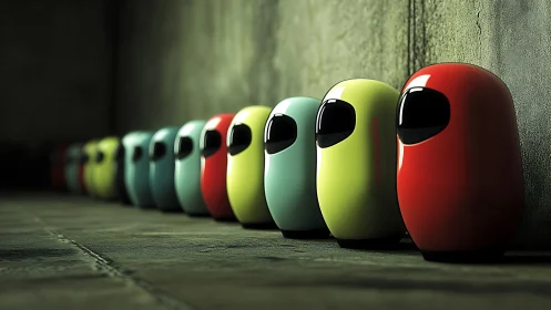 Row of capsule-like figures stands against a textured wall