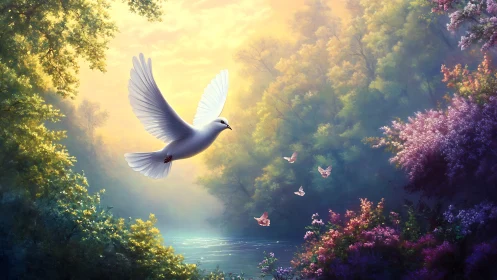 Serene White Dove Flying Over Lush River in Dreamy Sunrise Art.
