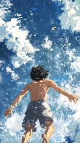 Sky-splashing boy dives upward into a painted summer ocean