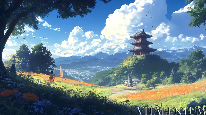 Sunlit flower meadow with distant pagoda and mountain skyline
