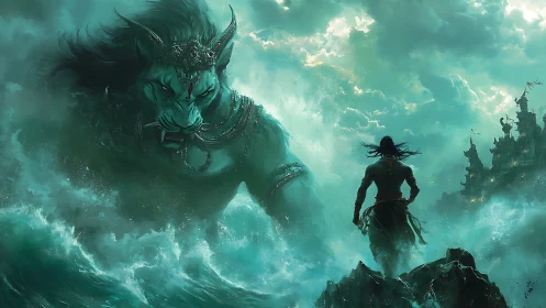 Warrior confronting colossal oceanic lion deity in storm