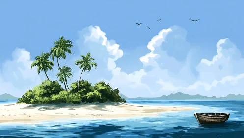 Small Island With Palm Trees and Coastal Water Scene.