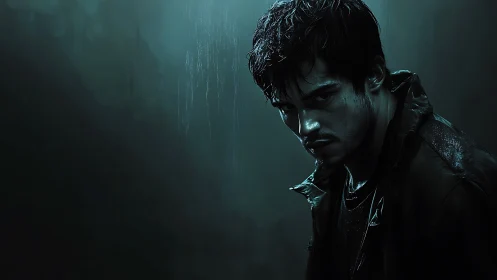 Noir-graded vigilante portrait in rain-soaked low key lighting.