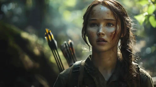 Young archer in forest with quiver and dirt marked face.