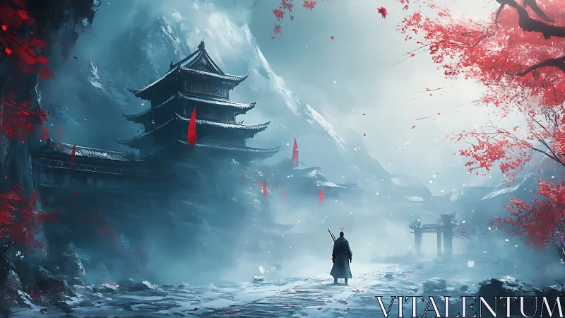 Samurai figure in misted mountain temple landscape scene.