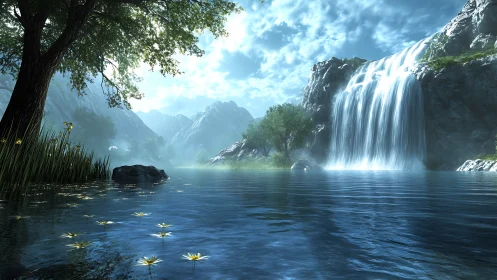 Waterfall whispers across glassy lake beneath wild sky