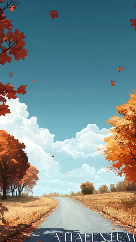 Autumn country roadway under volumetric clouds and azure sky.