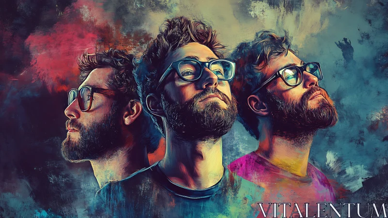 Prismatic portraits of a bearded man in shifting moods.