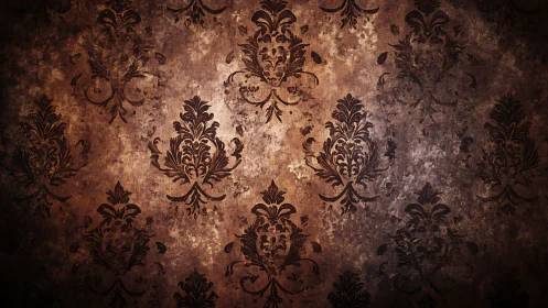 Vintage baroque damask wallpaper shows worn textured glow