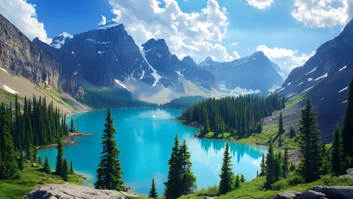 Glacially carved alpine lake with conifer ring and stratified peaks.