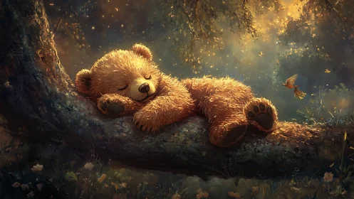 Sleeping teddy bear on forest branch in warm sunset light.