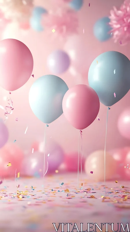 Pastel Balloons and Confetti in Soft Pink Celebration Space.