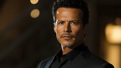 Midnight-slick gentleman framed in cinematic amber light.