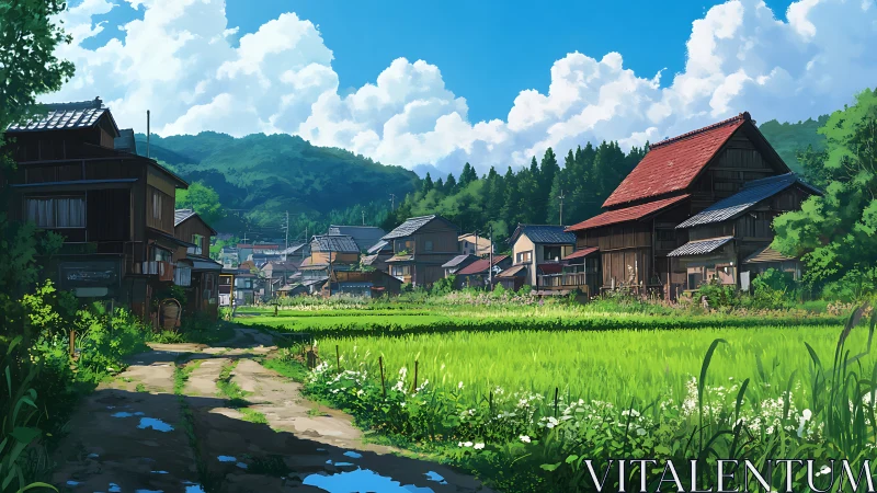 Rural village houses beside irrigated rice fields under clouds.