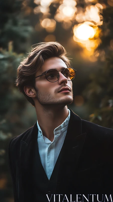 Backlit portrait of suited man in shallow-depth sunset bokeh.