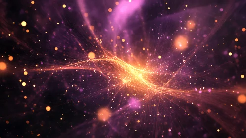 Radiant particle waveforms curve through luminous nebular field