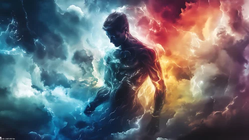 Elemental silhouette emerges within storm-lit nebula clouds.