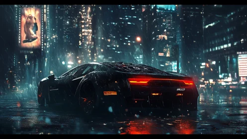 Cyberpunk supercar under neon rain in futuristic cityscape.