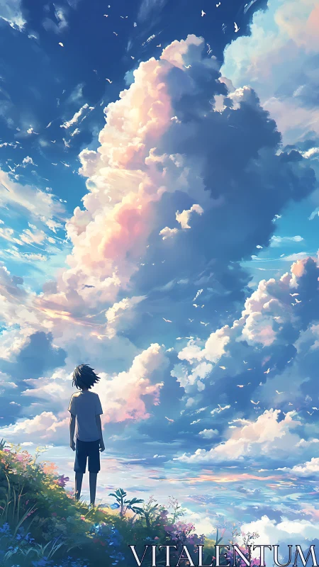 Solitary boy observing luminous clouds over vast skyscape.