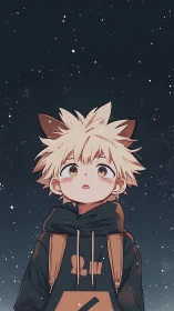 Anime boy with fox ears gazes upward against starry night