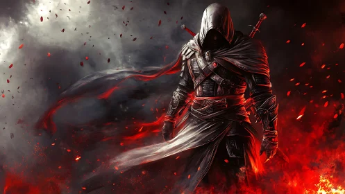 Hooded warrior in crimson storm with swirling embers.