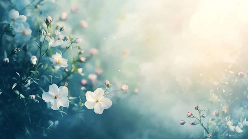 Delicate Cosmos Blooms Drift Through Luminous Mist Garden