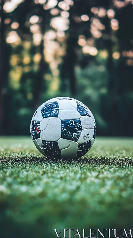Soccer ball rests on dewy pitch under soft evening bokeh.