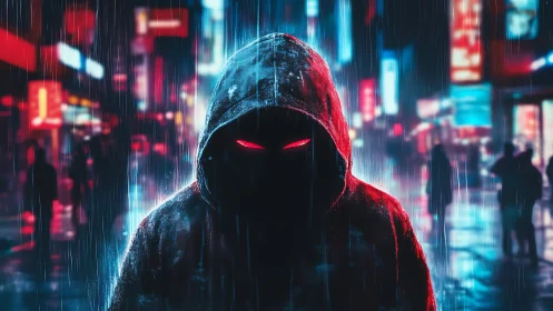 Hooded figure with red eyes in neon lit rainy city street.
