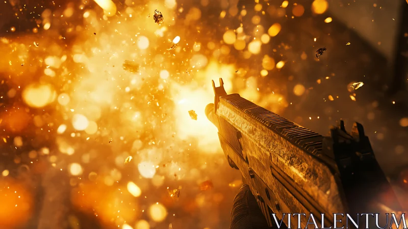 Weapon against golden bokeh particles in dispersed motion.