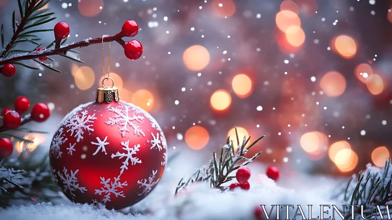 Red ornament in snow with evergreen and defocused lights.