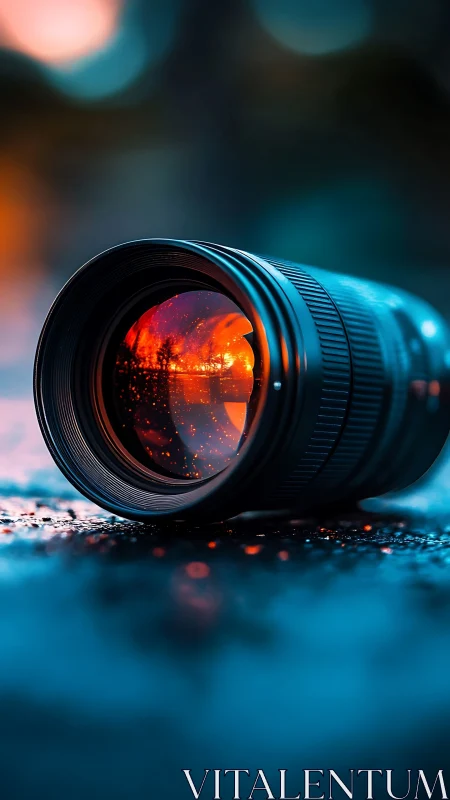Glowing camera lens on wet surface with neon reflections.