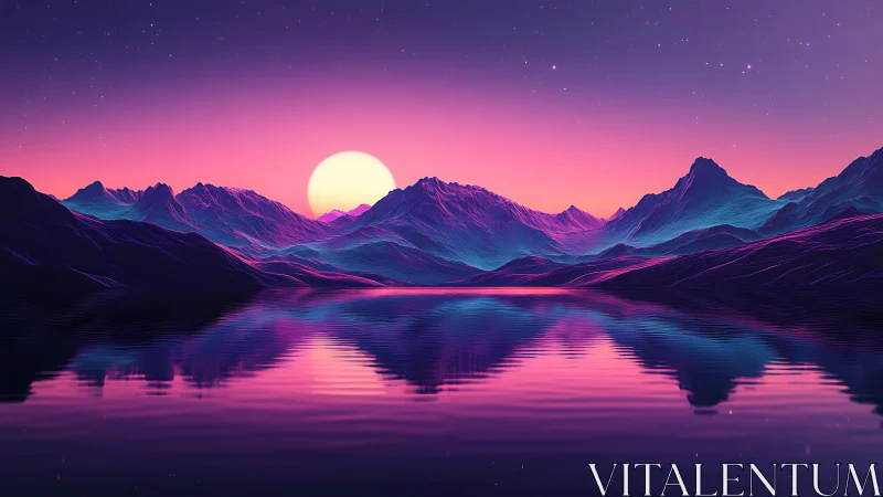 Neon sunset mountains mirrored on tranquil reflective lake.