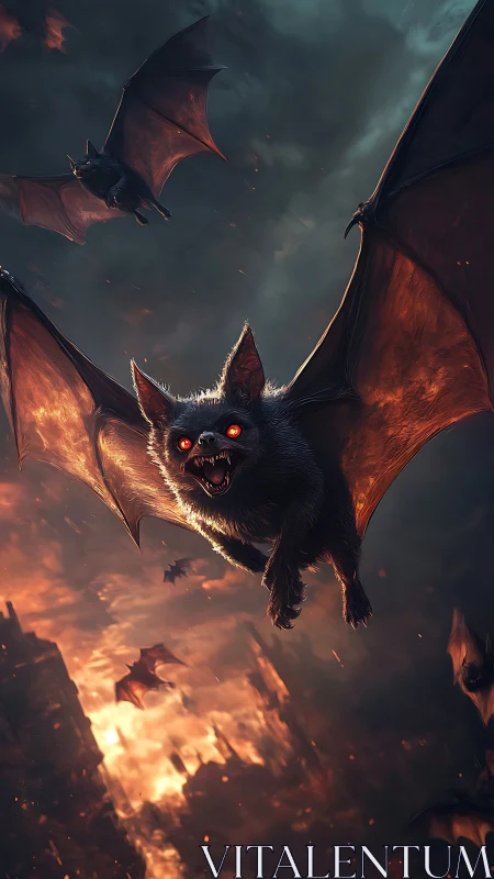 Flying bat with glowing red eyes charges toward viewer
