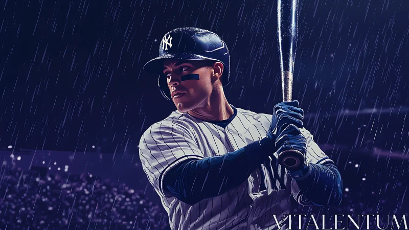 Right-handed batter under stadium rain, pinstripe uniform poised