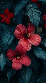Red Hibiscus Blooms Against Teal Foliage.